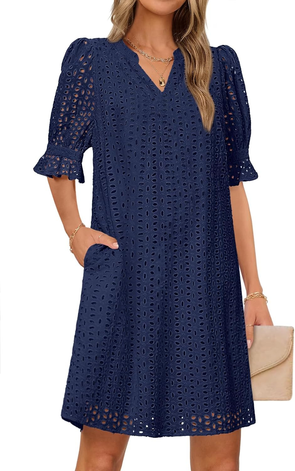 MEROKEETY Women's Summer Short Sleeve V Neck Lace Eyelet Mini Dress | Amazon (US)