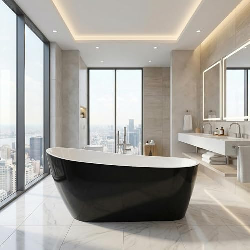 59 inch Freestanding Bathtub, Acrylic Stand Alone Tub Black Outside White Inside, Acrylic Freestanding Bathtub 59 inch with Overflow and Drain, Modern Free Standing Tub | Amazon (US)