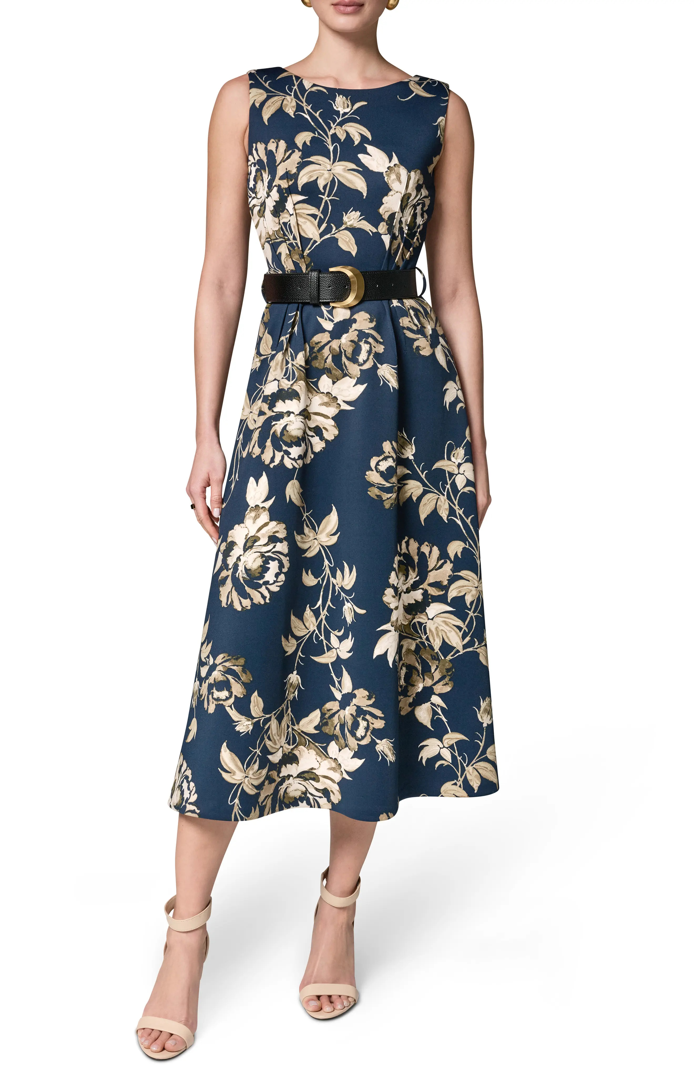 Donna Karan New York Floral Belted Stretch Fit & Flare Midi Dress (Women) | Nordstrom | Nordstrom