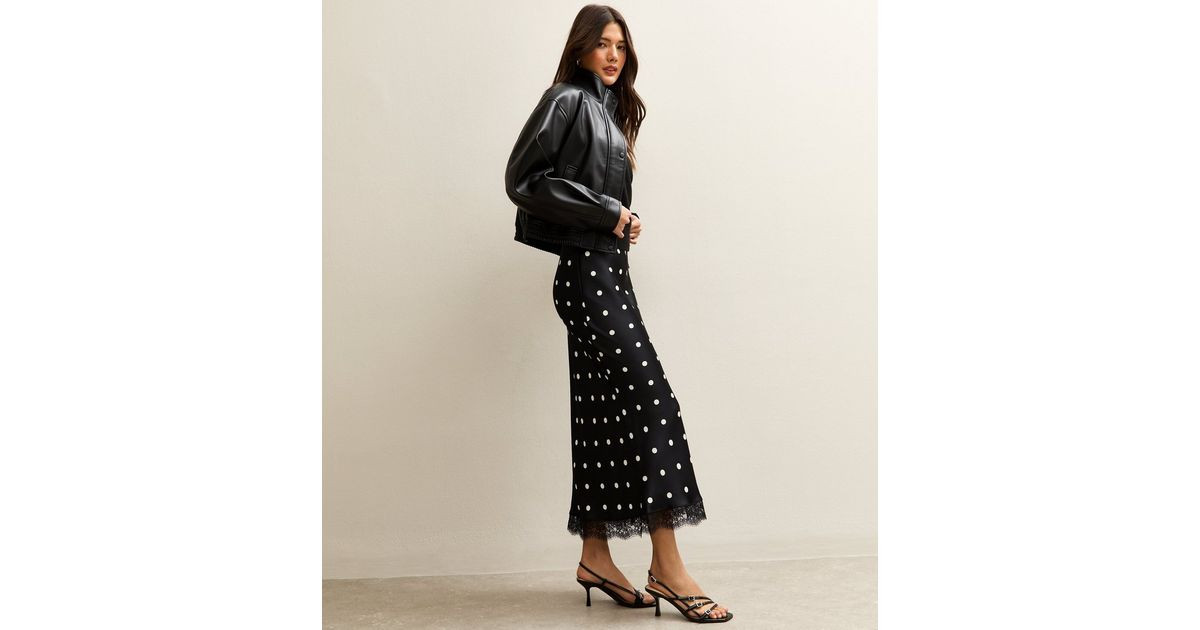 Black Satin Polka Dot Lace Trim Midi Skirt | New Look | New Look (UK)