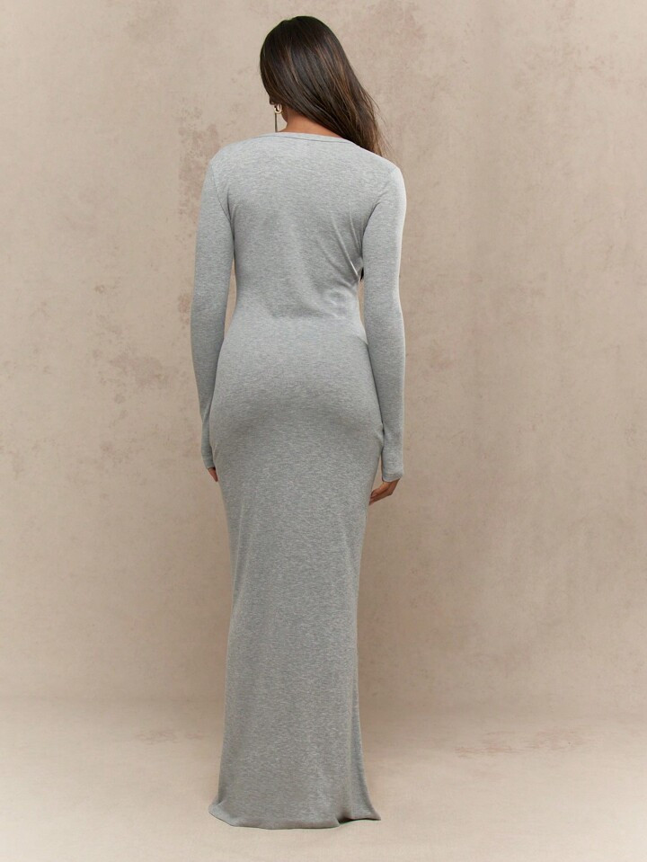 MISSGUIDED Jersey Round Buttoned Neck Long Sleeves Flare Hem Bodycon Everyday Casual Maxi Dress | SHEIN