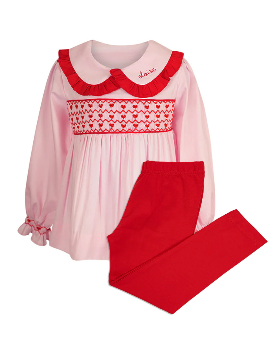 Petite Hearts Smocked Pink Top with Red Leggings | Smockingbird Kids