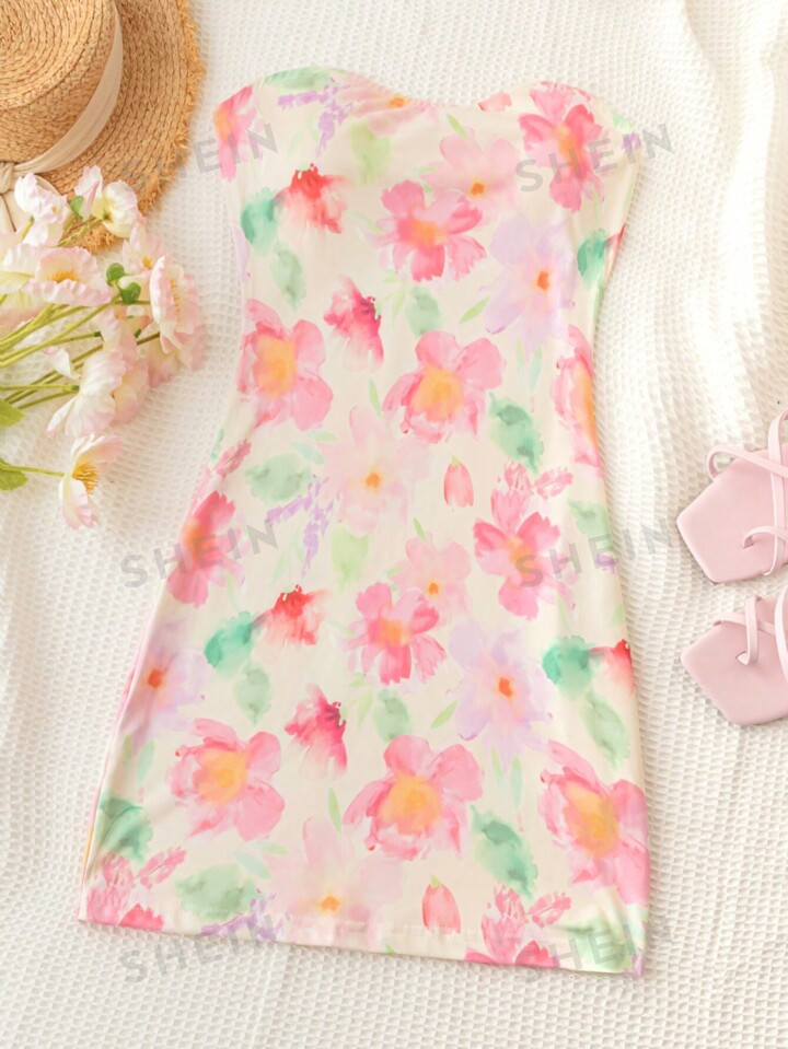 SHEIN WYWH Women's Summer Vacation Romantic Colorful Oil Painting Flower Print Strapless Bodycon ... | SHEIN