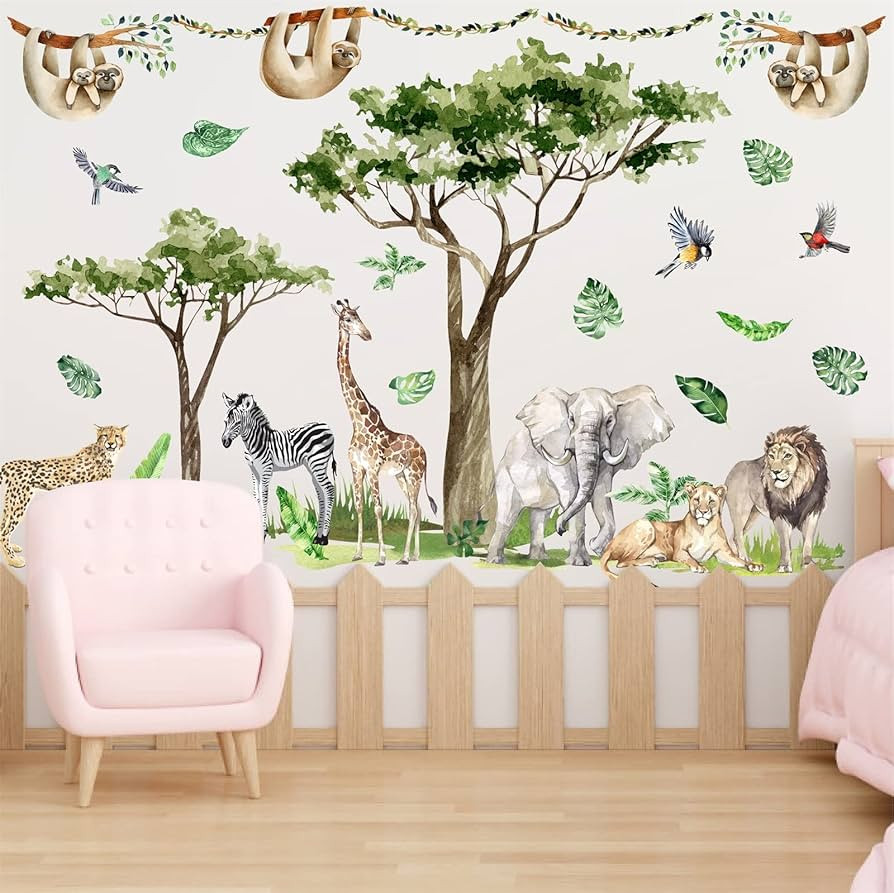 Jungle Animal Wall Decals Safari Animal Wall Stickers Large Wild Animal Wall Stickers Jungle Tree... | Amazon (US)