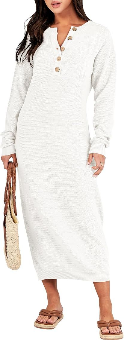 Women Sweater Dress Long Sleeve Button V Neck Oversized Casual Loose Fall Waffle Knit Long Dress | Amazon (CA)
