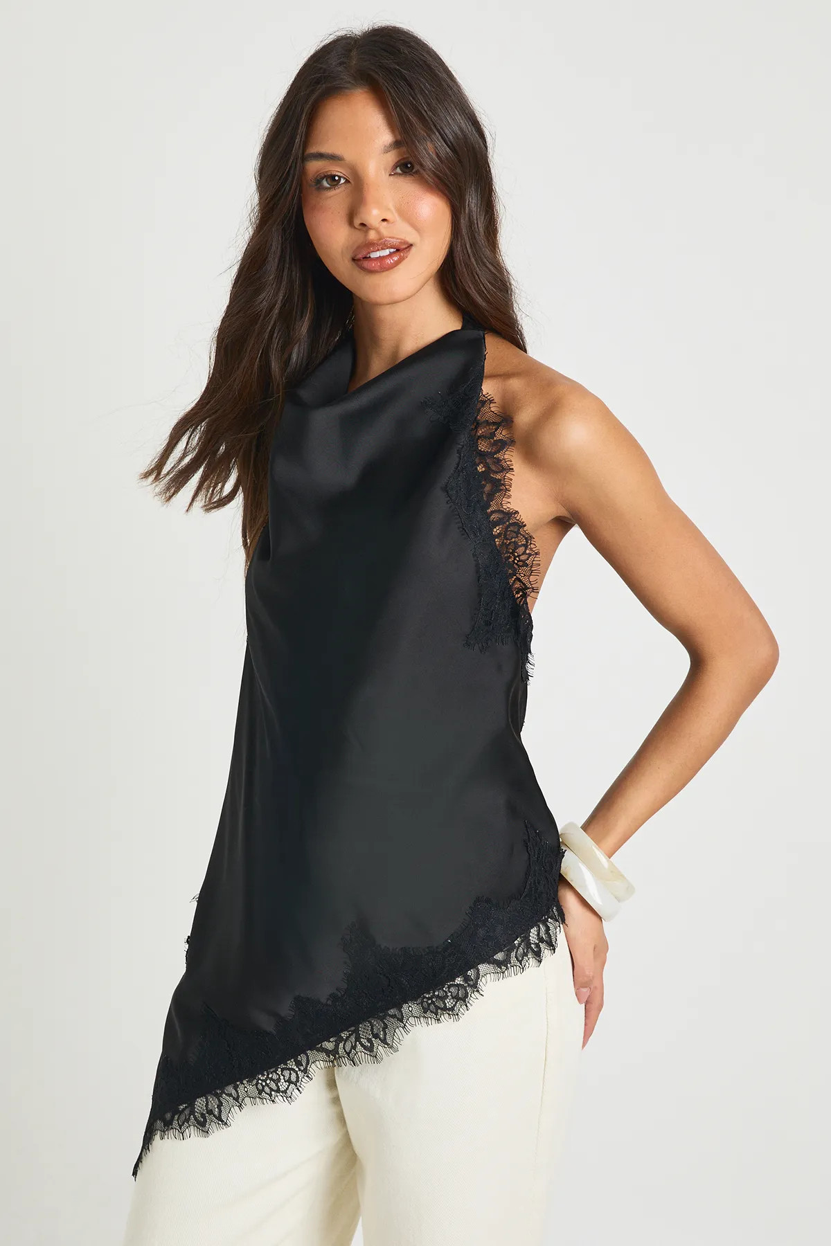 Black Lace Cowl Asymmetric Top | Boohoo | Boohoo.com (UK & IE)