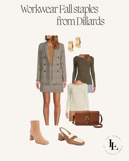 Workwear fall staples from Dillard! Men’s plaid blazer and matching skirt, nude suede boots, sling backs, brown leather cross body, and staple sweaters. 


#LTKstyletip #LTKworkwear #LTKSeasonal