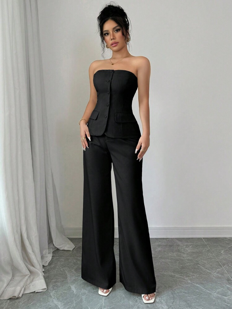 Selianne Women's Solid Single Breasted Camisole Top & Straight Leg Pants Set, Elegant | SHEIN