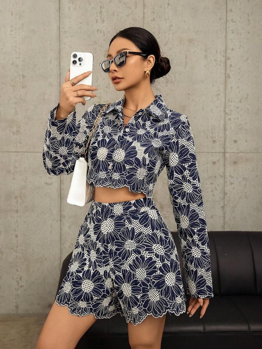 SHEIN Privé Floral Embroidery Long Sleeve Shirt And Shorts Women's 2 Piece Set | SHEIN