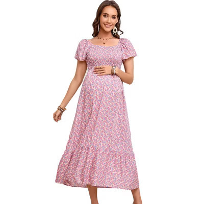 Maternity Square Neck Dress Flutter Sleeve Summer Smocked Midi Dress for Baby Shower Photoshoot Pink M | Target