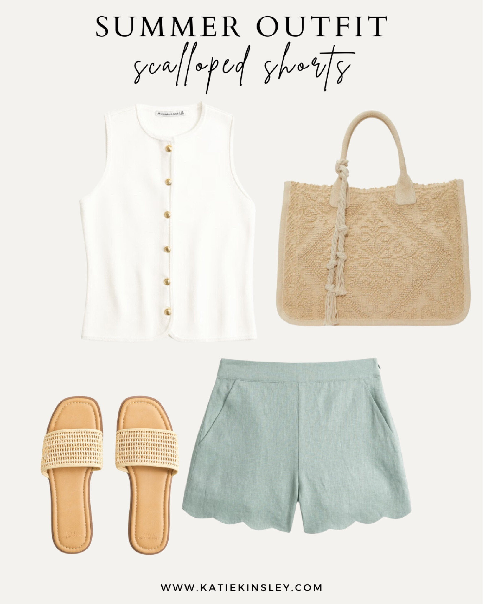 Summer outfit idea: scalloped shorts, white sleeveless top, slip-on sandals, woven tote

#LTKStyleTip #LTKSeasonal #LTKSummerSales