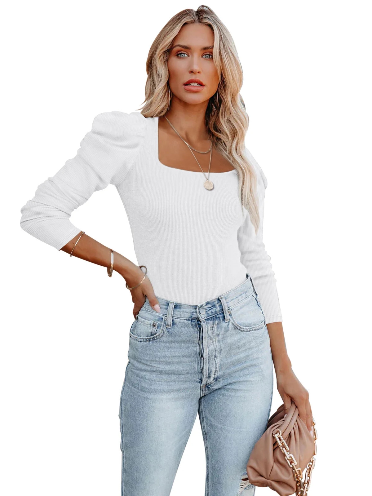 REORIA Womens Puff Long Sleeve Bodysuit Ribbed Square Neck Slimming Thong Tops | Walmart (US)