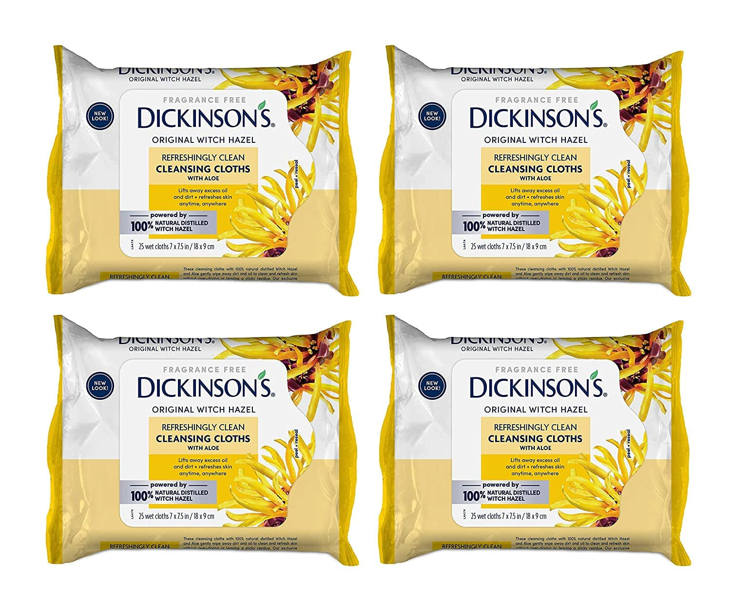 Dickinson's Original Witch Hazel Refreshingly Clean Cleansing Cloths with Aloe, 4 Pack, 25 Cloths... | Amazon (US)