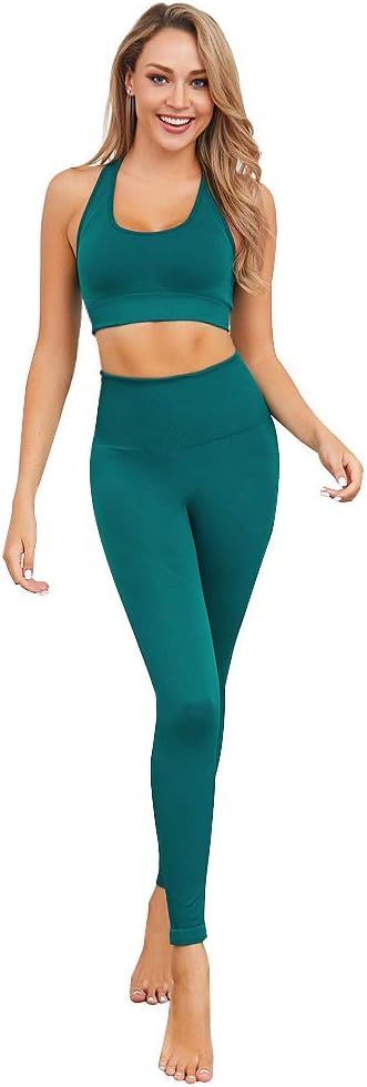 Jetjoy Yoga Outfits for Women 2 Piece Set,Workout High Waist Athletic Seamless Leggings and Sport... | Amazon (US)