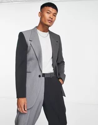 ASOS DESIGN slim longline color-block suit jacket in tonal gray | ASOS (Global)