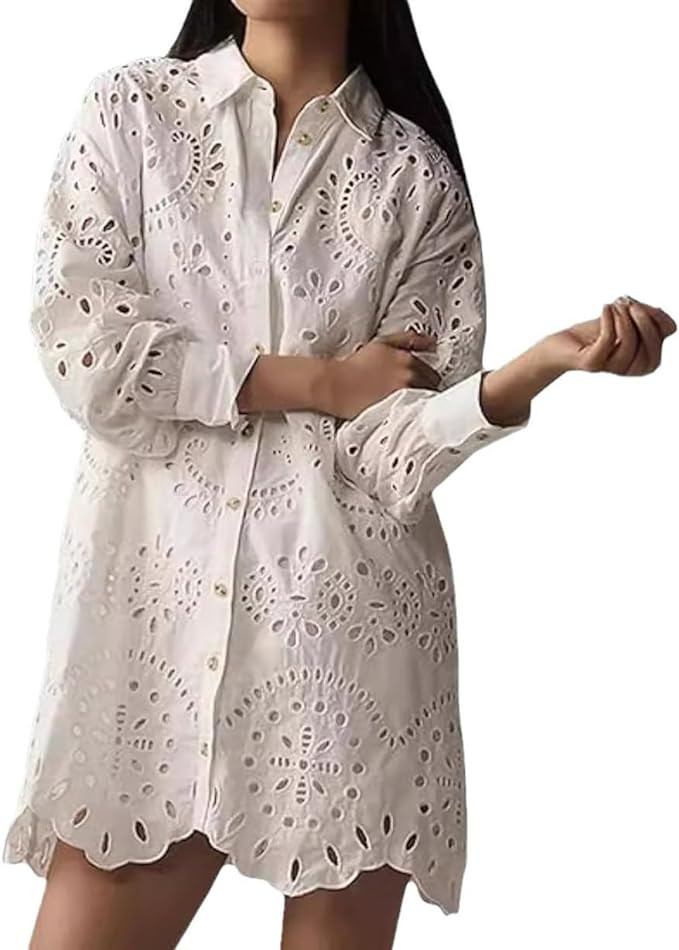CHARTOU Women Eyelet Lace Dress Button Down Shirt Loose Fit Summer Casual Mini Dress | Amazon (US)