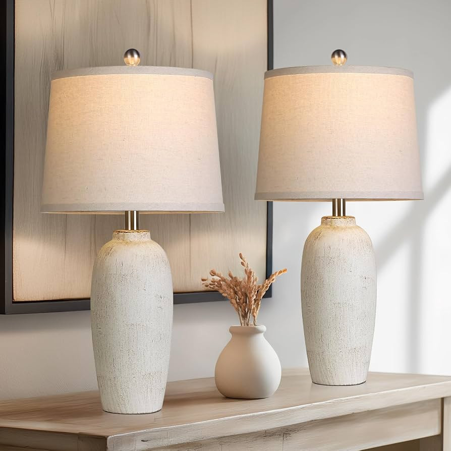 25“ Jar Table Lamps Set of 2, Ceramic Bedside Lamps for Living Room, Beige Farmhouse Nightstand... | Amazon (US)