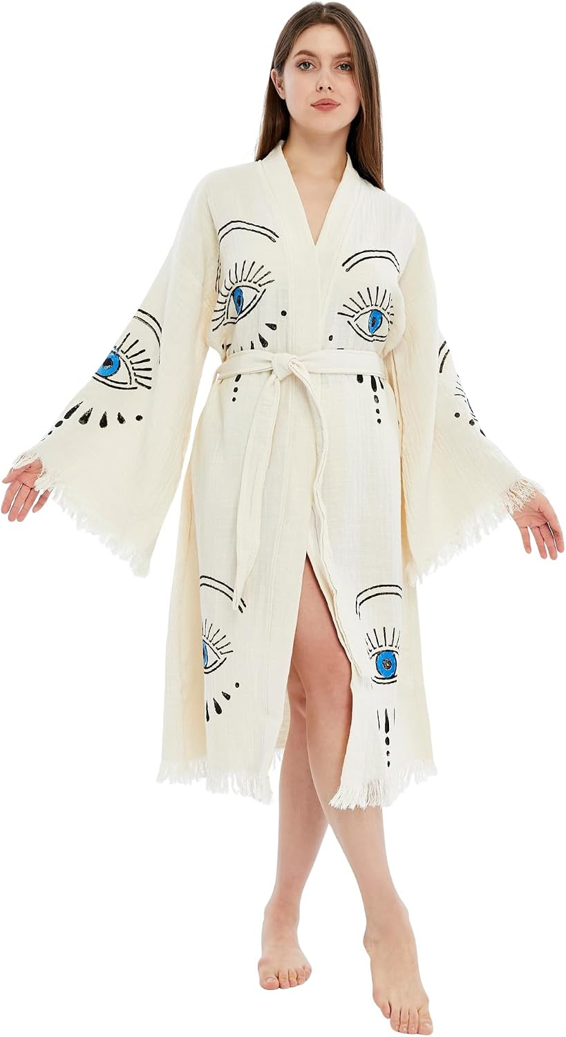 SECEL Evil Eye Kimono, Women Cotton Robe, Boho Cardigan, Beach Cover up, Lightweight, Towel Muslin Breathable, Fabric Belted Dressing Caftan For Spa Pool Bath Gym | Amazon (US)