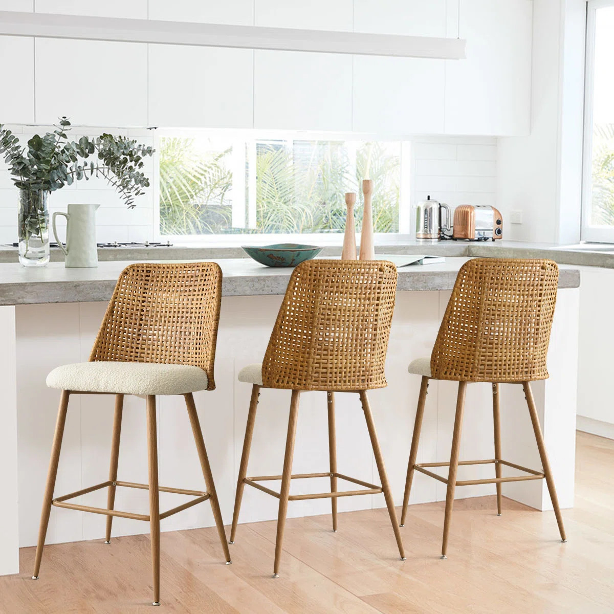Briahnna 27" Upholstered Boucle Rattan Full Back Counter Stool Set of 3 (Set of 3) | Wayfair North America