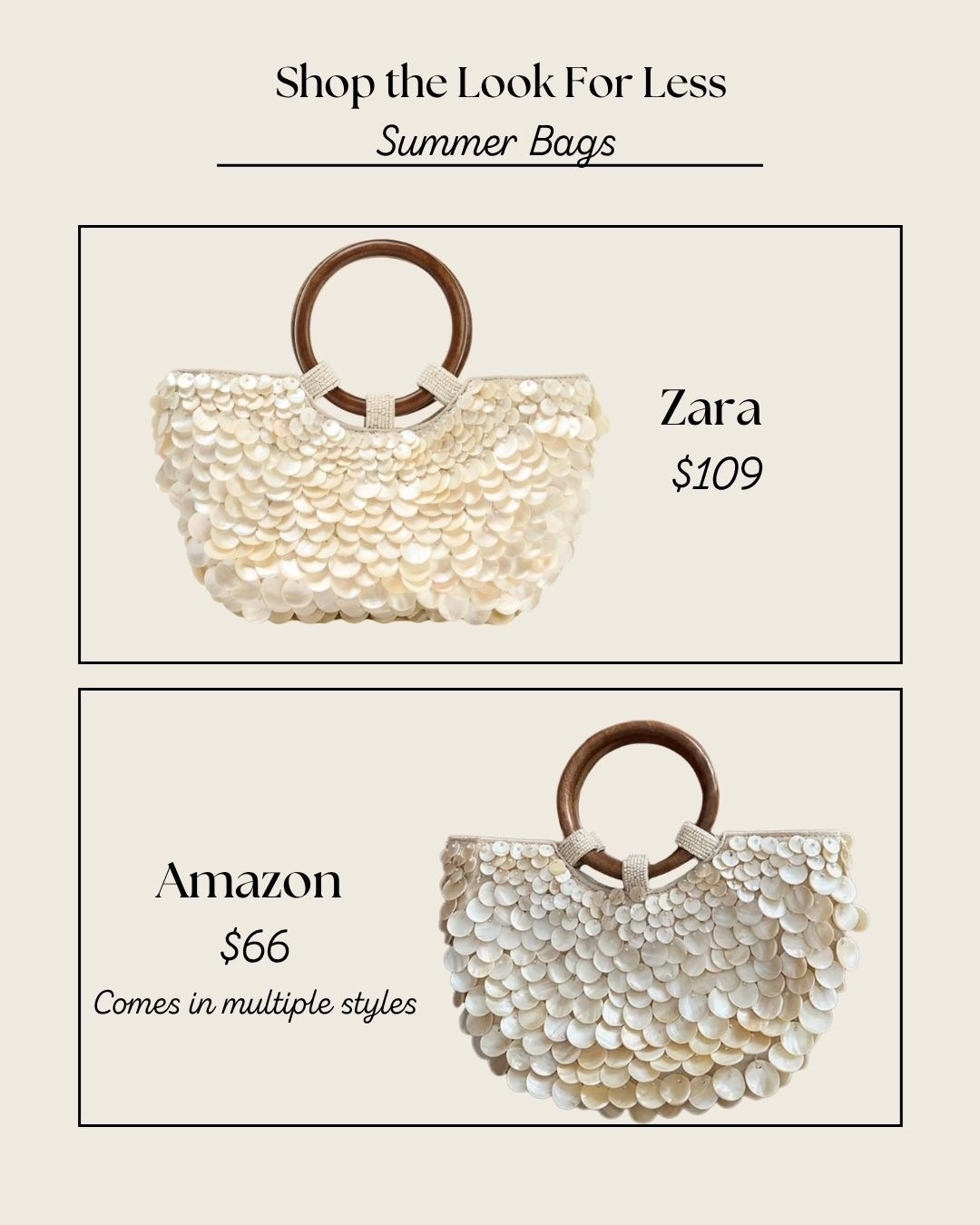 This stunning Zara shell tote bag has been all over my feed — but I found the perfect Amazon lookalike for just $66! Nearly identical style, same coastal glam vibes, and comes in multiple options. It's the ultimate vacation bag, summer accessory, or beach day essential.

💼 Shop my favorite summer bags under $100, shell handbags, and designer-inspired beach totes now on my LTK!

#LTKDupe #LTKFinds #AmazonFashion #ZaraDupe #BeachBag #SummerTote #ShellBag #CoastalStyle #VacationAccessories #AffordableStyle #LookForLess #ResortStyle #LTKUnder100

#LTKItBag #LTKFindsUnder100 #LTKSaleAlert