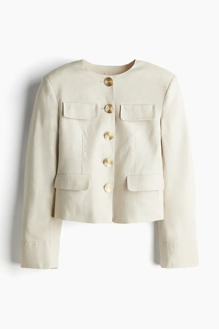 Linen Jacket - Round Neck - Long sleeve - Light beige - Ladies | H&M US | H&M (US + CA)