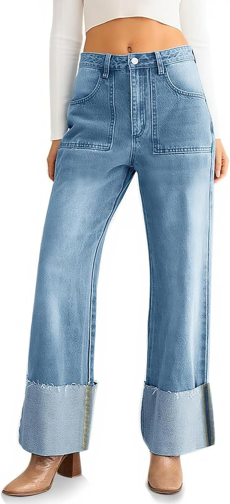Womens High Waisted Baggy Cuffed Jeans Wide Straight Leg Boyfriend Denim Pants with Deep Pockets | Amazon (US)