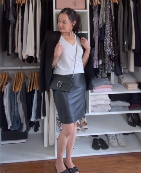 Easy chic look with classic edgy capsule wardrobe staples. My blazer is old so I’ve linked a similar one. Leather skirt is on sale. If between sizes size down. 

#LTKVideo #LTKsalealert #LTKover40