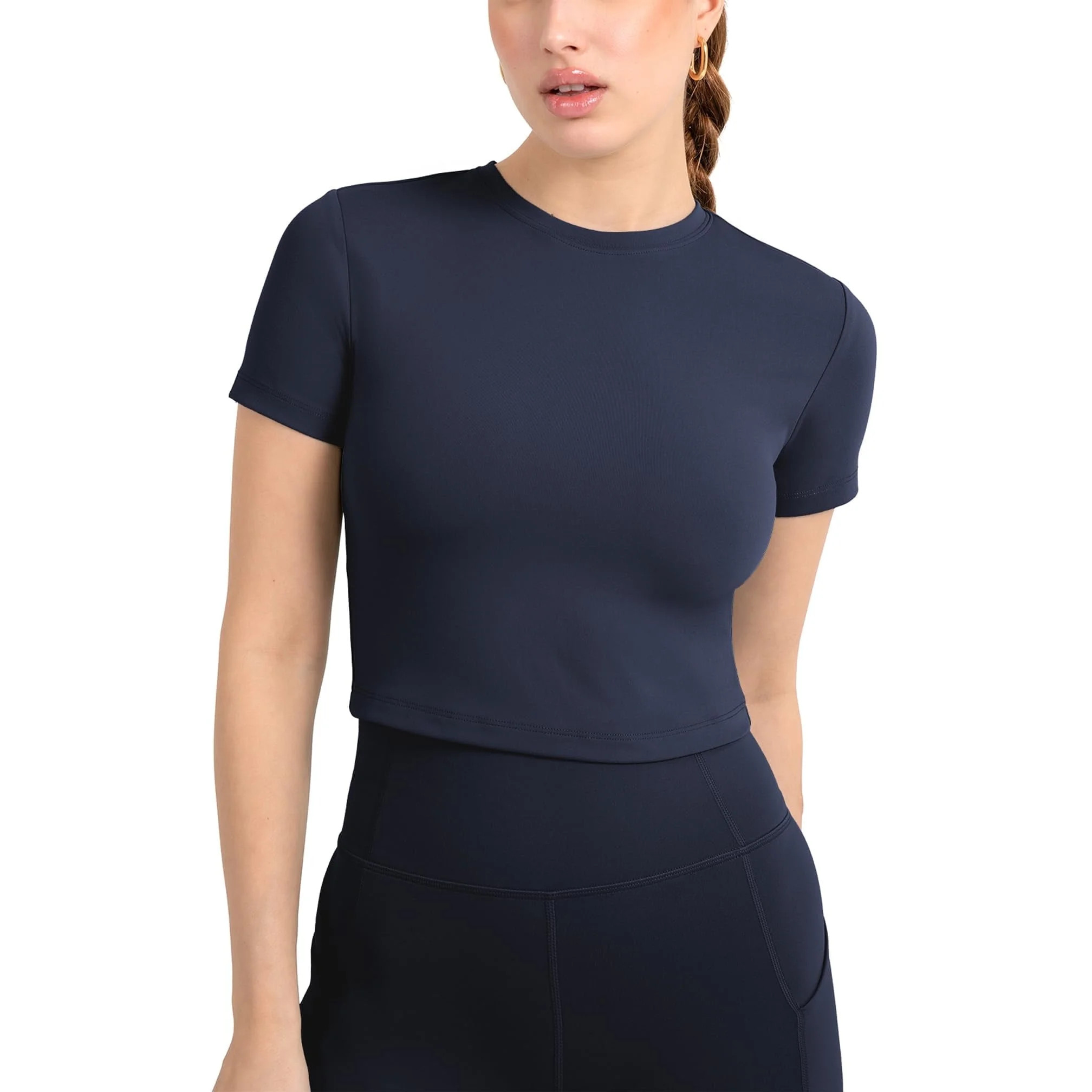 YITTY Active Women's UltraLuxe Essential Crop Tee, Athleisure, 4-Way-Stretch, Deep Navy, M | Walmart (US)