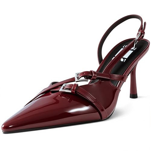 Slingback Kitten Heels for Women Pointed Toe Heels Closed Toe Low Heel Wedding Dress Pumps Buckles Strap Wine Red10 | Amazon (US)