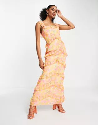 Pretty Lavish Cecile ruffle maxi dress in orange and pink abstract floral | ASOS (Global)
