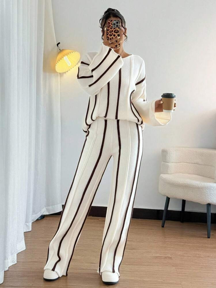 Elenzga Elegant Long Sleeve Round Neck Top And Wide Leg Pants 2 Pieces Set For Women Fall Winter Cloth For Women | SHEIN