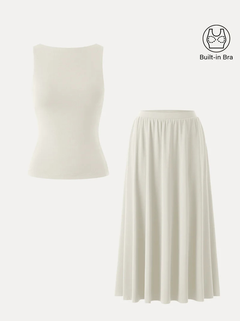 2Pcs Set Stretch Cotton Boatneck Brami Tank & Maxi Umbrella Skirt with Pockets | OGLmove