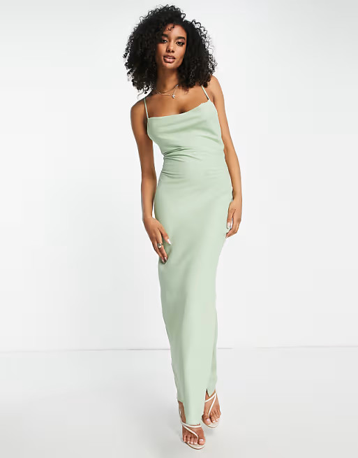 ASOS DESIGN Bridesmaid lace-up back maxi slip dress in sage green | ASOS (Global)