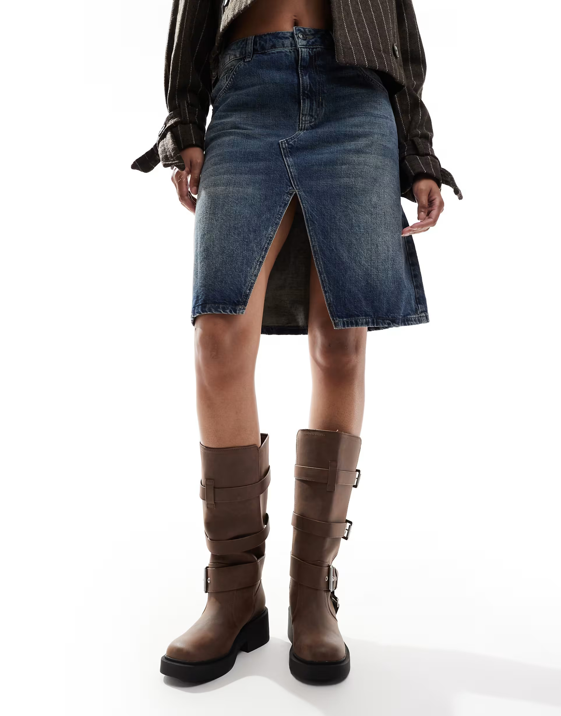 ASOS DESIGN Captain multi-buckle biker knee boots in brown | ASOS | ASOS (Global)