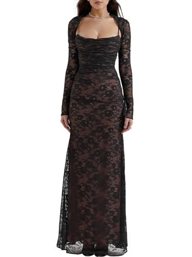 Black Lace Dress, Women Cami Maxi Dress Romantic Long Sleeve Lace Bodycon Dresses Elegant XS | Amazon (US)