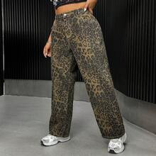 Plus Leopard Print Straight Leg Jeans | SHEIN