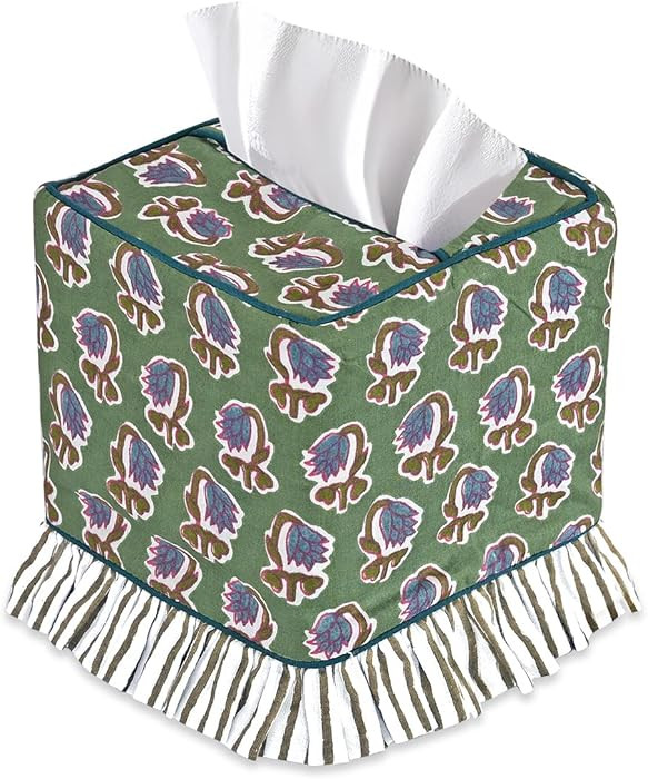 Ridhi Basil Green Block Print Ruffle Tissue Box Cover Handmade Cotton Decorative Square Napkin Ho... | Amazon (US)