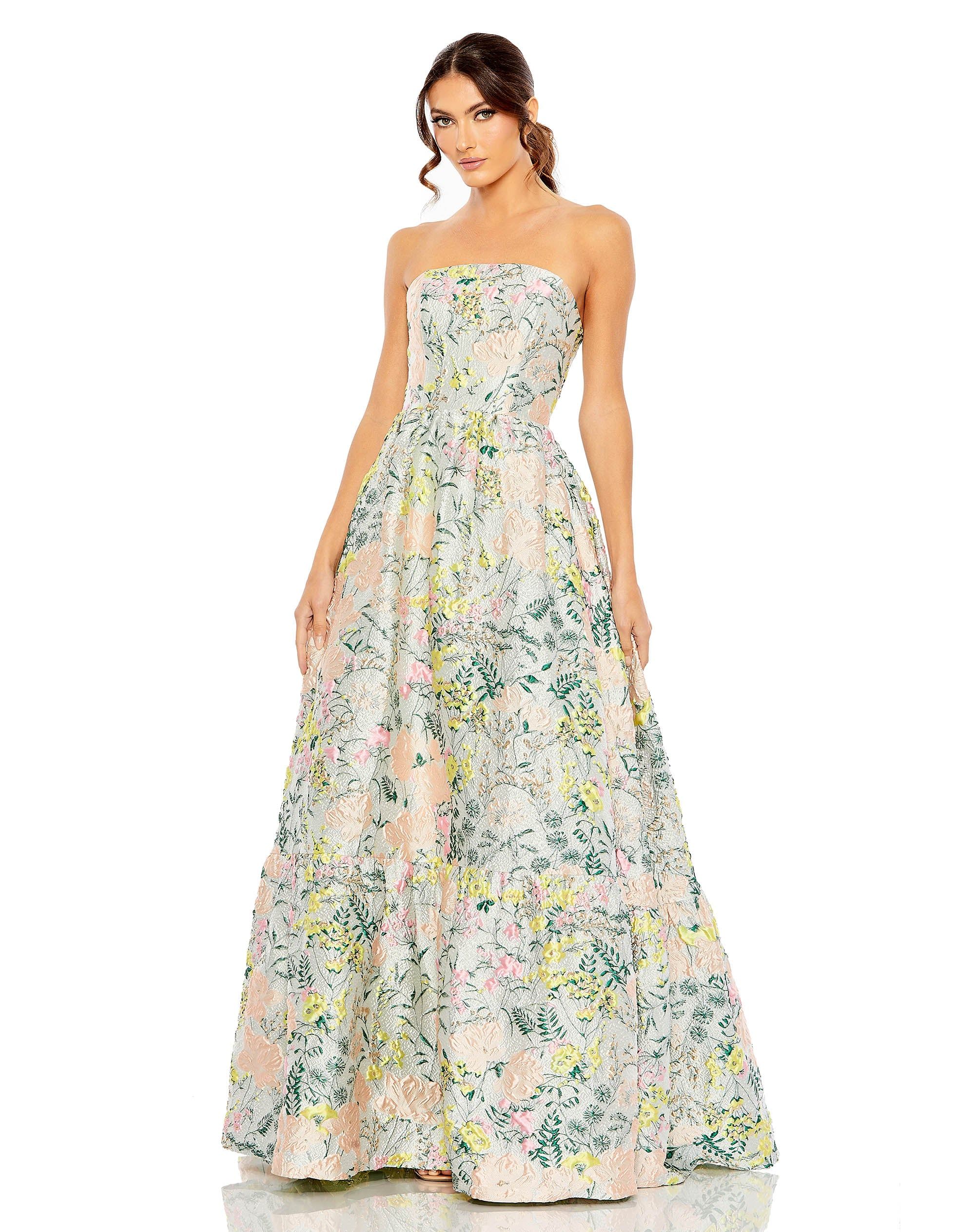 Floral Brocade Strapless A Line Gown | Mac Duggal