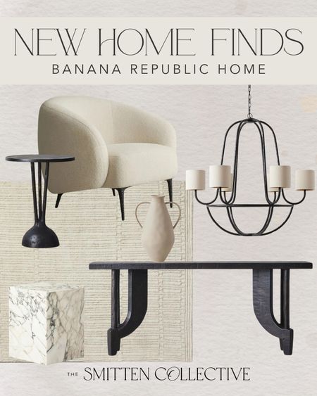 Unique new home decor finds from Banana Republic including this iron chandelier, black console table, round iron side table, marble end table, vase, accent chair, and neutral textured rug.

#LTKhome #LTKstyletip #LTKsalealert