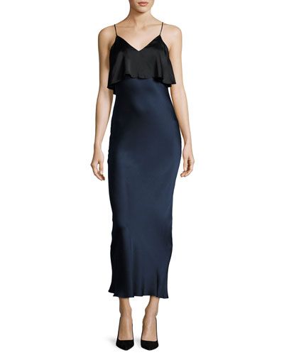 Hammered Silk Popover Slip Dress, Blue/Black | Neiman Marcus