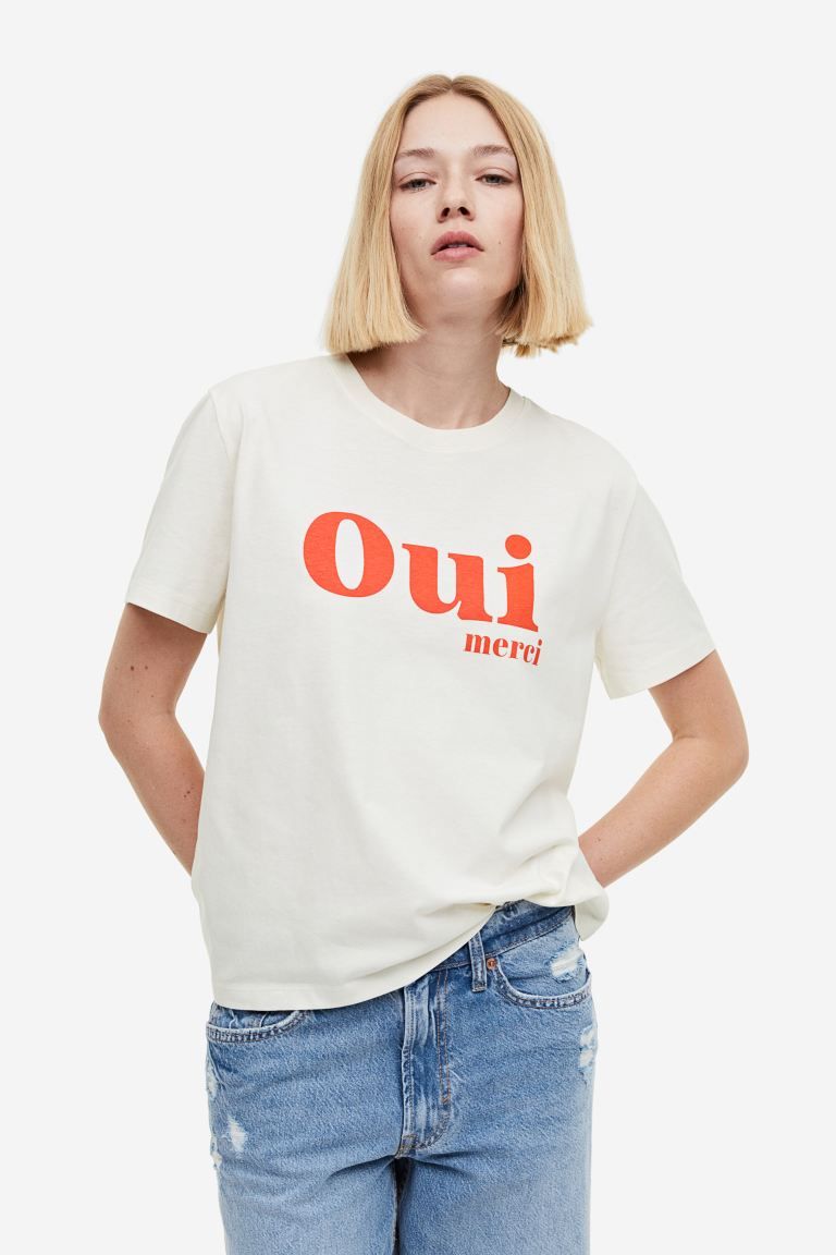 Cotton T-shirt - Cream/Oui - Ladies | H&M US | H&M (US + CA)