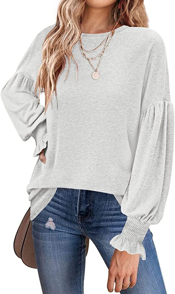 MEROKEETY Women's 2023 Causal Long Balloon Sleeve Shirts Tops Crewneck Smocked Cuffs Loose Blouse | Amazon (US)