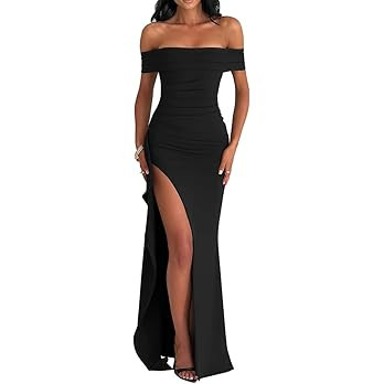 LAGSHIAN Women's Elegant Bodycon Off Shoulder Sleeveless High Split Ruched Long Formal Evening Dr... | Amazon (US)