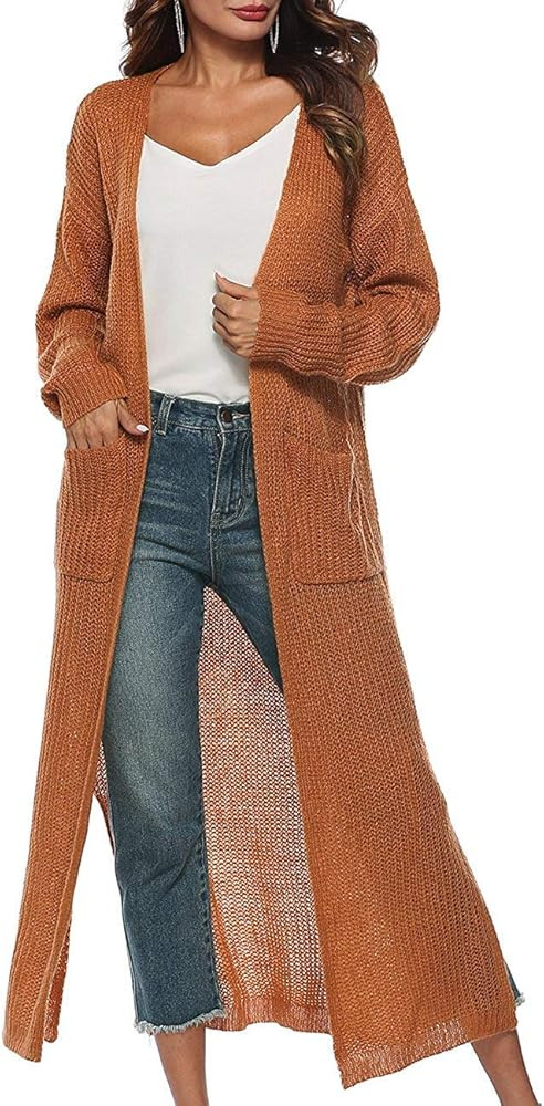 Womens Long Open Front Drape Lightweight Maxi Long Sleeve Split Cardigan Sweater with Pocket | Amazon (US)
