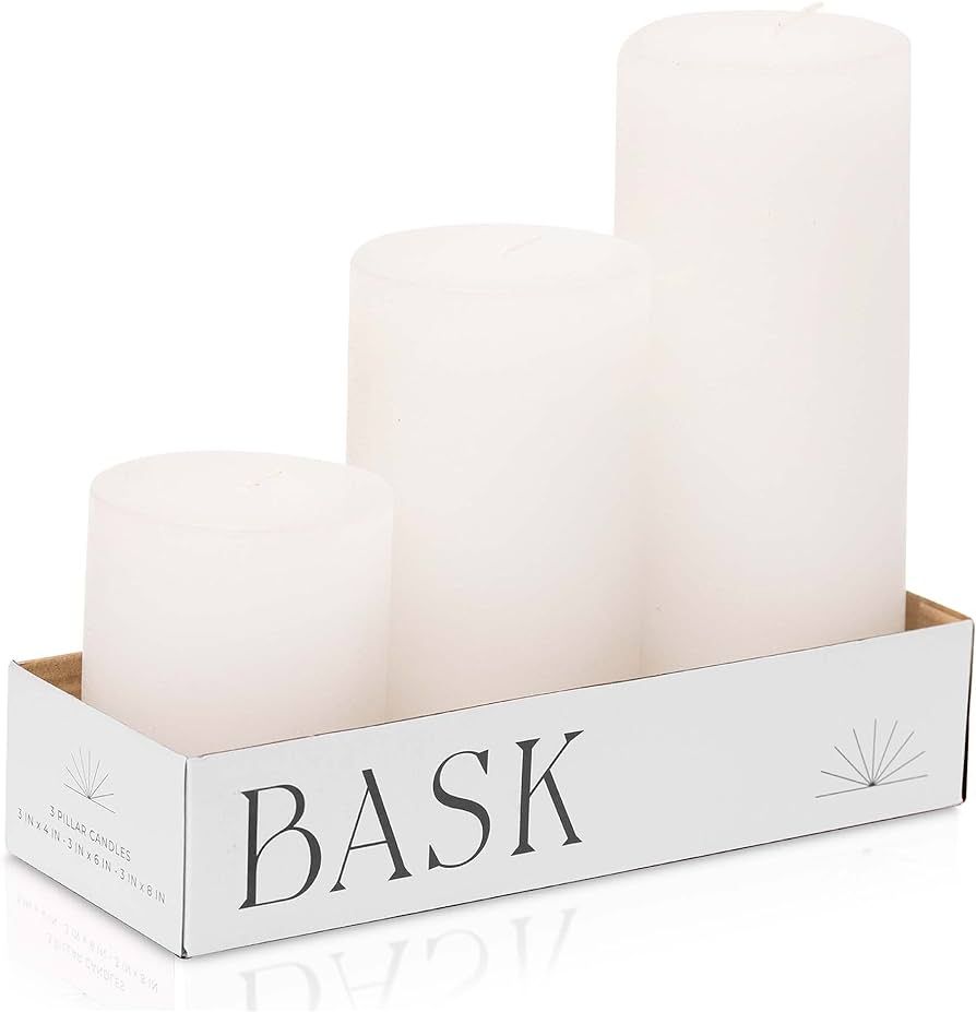 Mottled Pillar Candles by Bask - Set of 3 - 3" x 4", 6", and 8" Dripless Unscented Candles in Whi... | Amazon (CA)