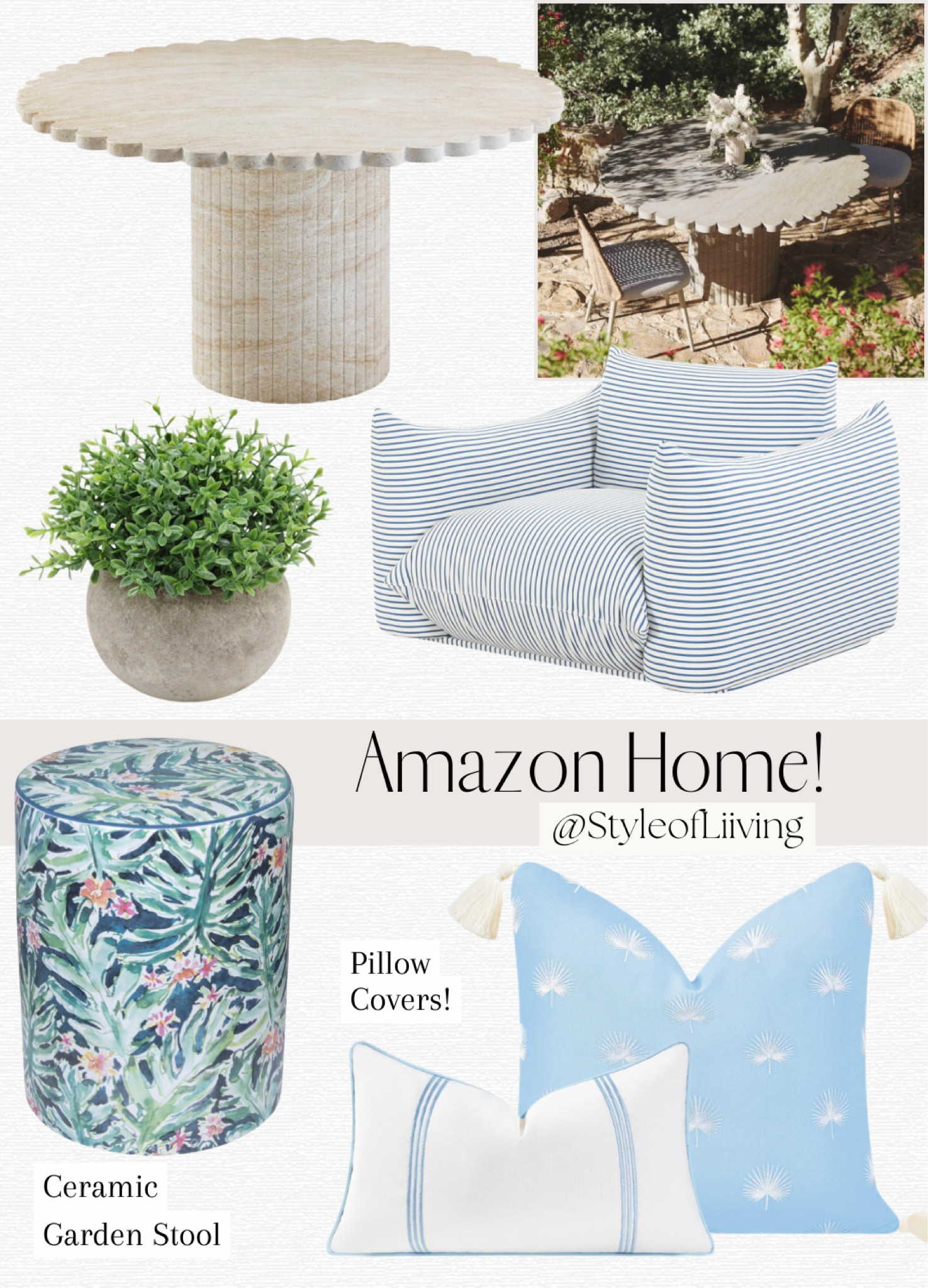 Home decor, outdoor furniture. Faux plants, round scalloped edge dining table, armchair, garden stool ceramic, throw pillow covers. #founditonamazon #amazonhome #amazonfinds

#LTKHome #LTKStyleTip #LTKSeasonal