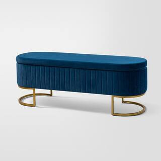 JAYDEN CREATION Olga Navy 50 in. Wide Modern Upholstered Storage Bench with Golden Metal Sled Leg... | The Home Depot