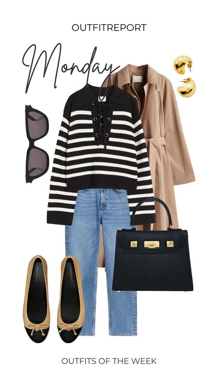 Monday outfits of the week denim jeans ballet flats striped knit sweater and trench coat 

#LTKshoecrush #LTKstyletip #LTKitbag