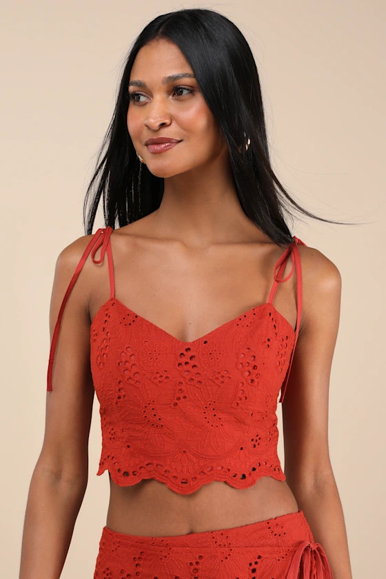 Kamilla Rust Red Eyelet Embroidered Tie-Strap Tank Top | Lulus