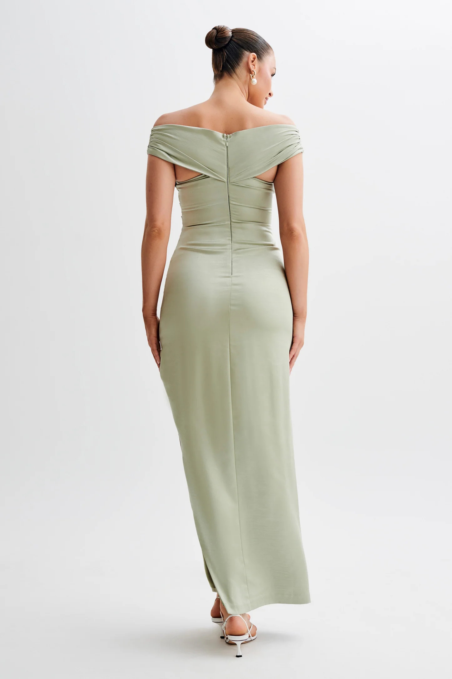 Harley Off Shoulder Satin Maxi Dress - Sage | MESHKI US